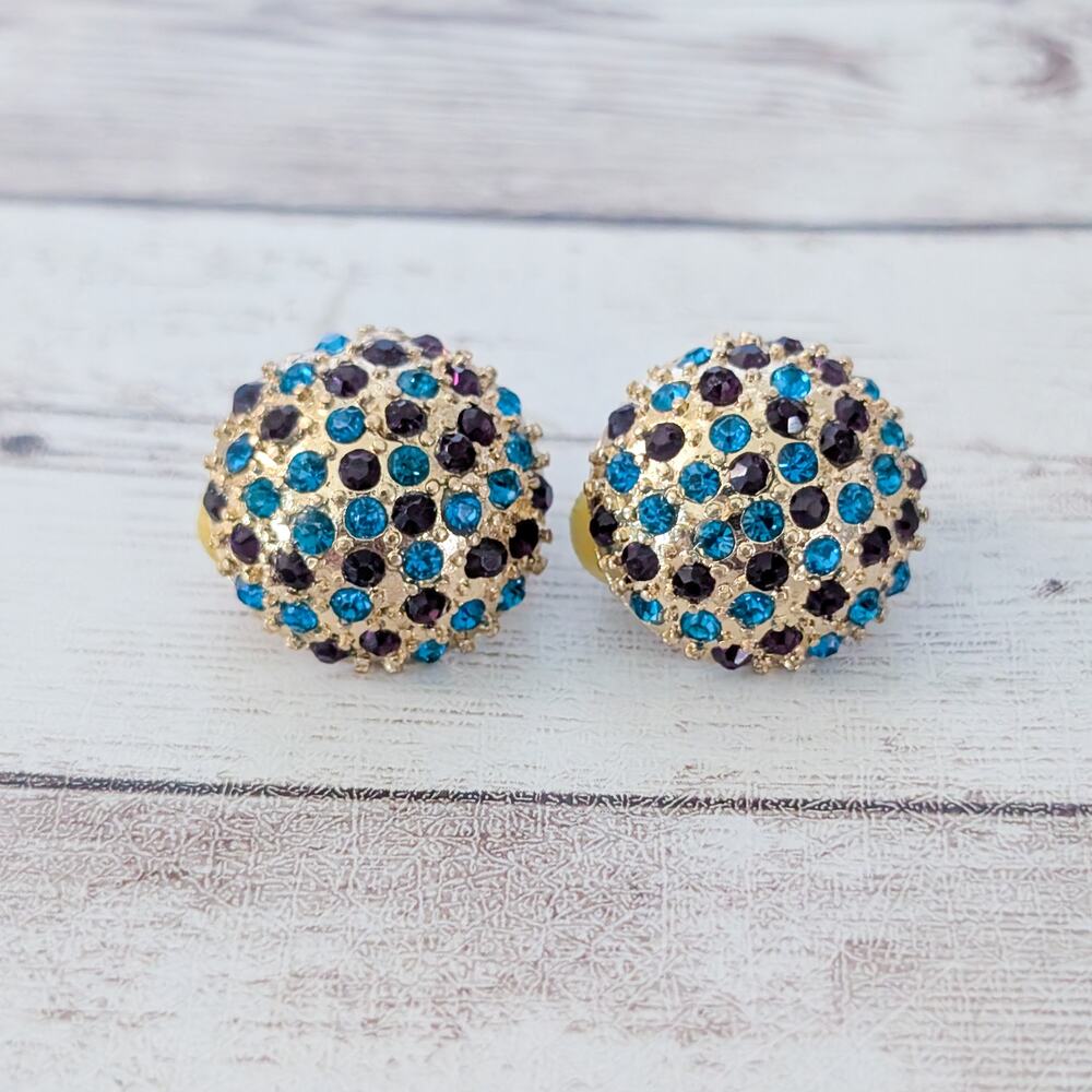 Vintage Clip On Earrings Domed Gold Tone with Blue & Plum Gems 0.75"